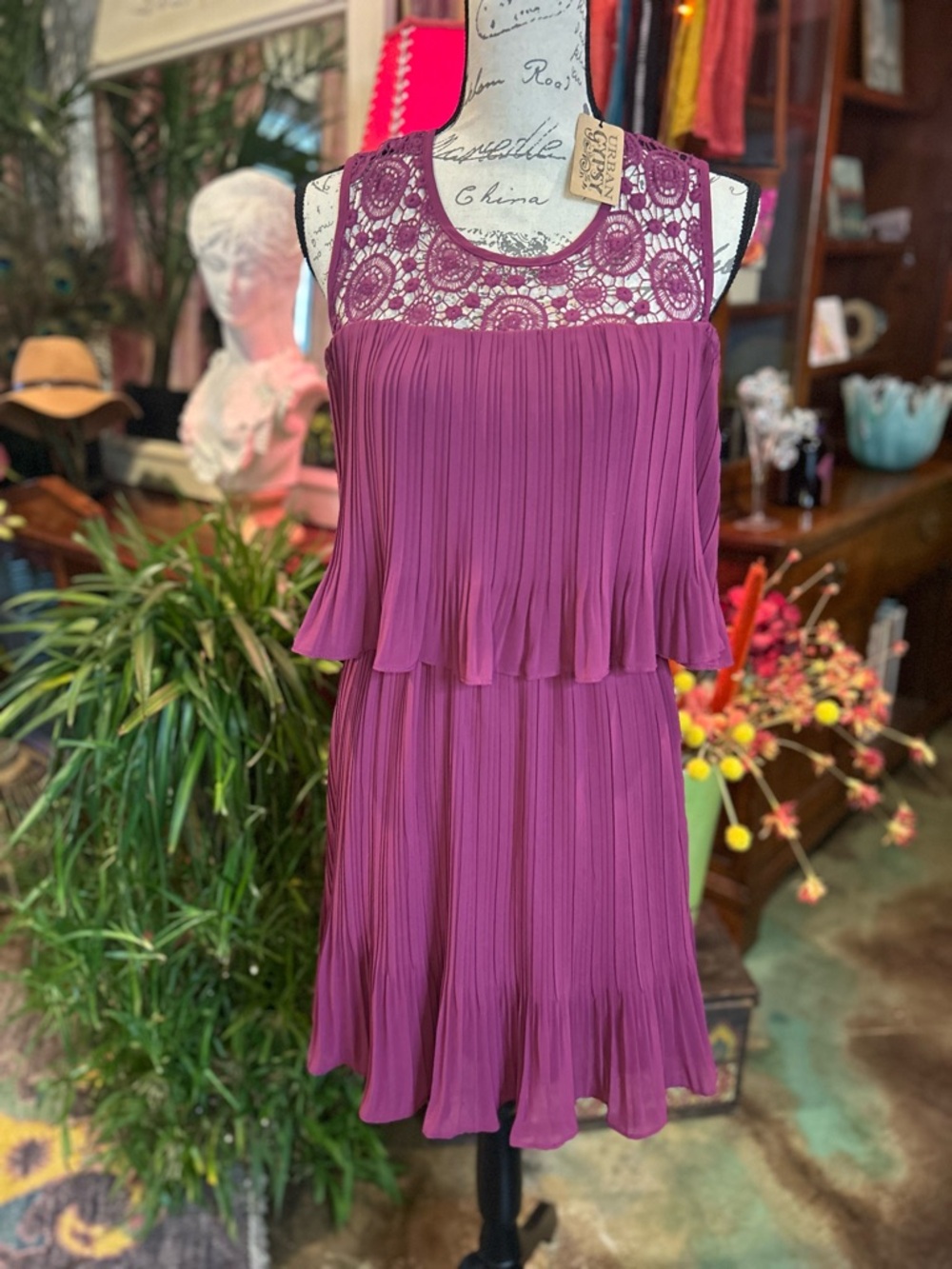 NWT She + Sky Purple Pleated Layered Lace A-Line Dress Sleeveless Size L